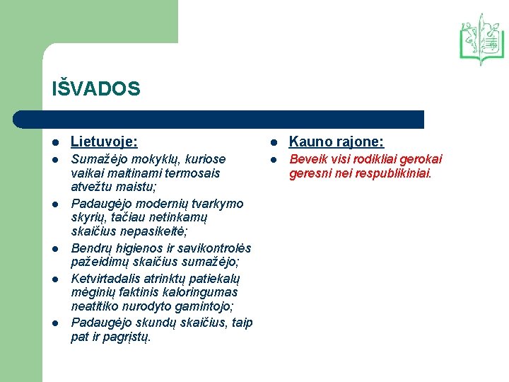 IŠVADOS l Lietuvoje: l Kauno rajone: l Sumažėjo mokyklų, kuriose vaikai maitinami termosais atvežtu