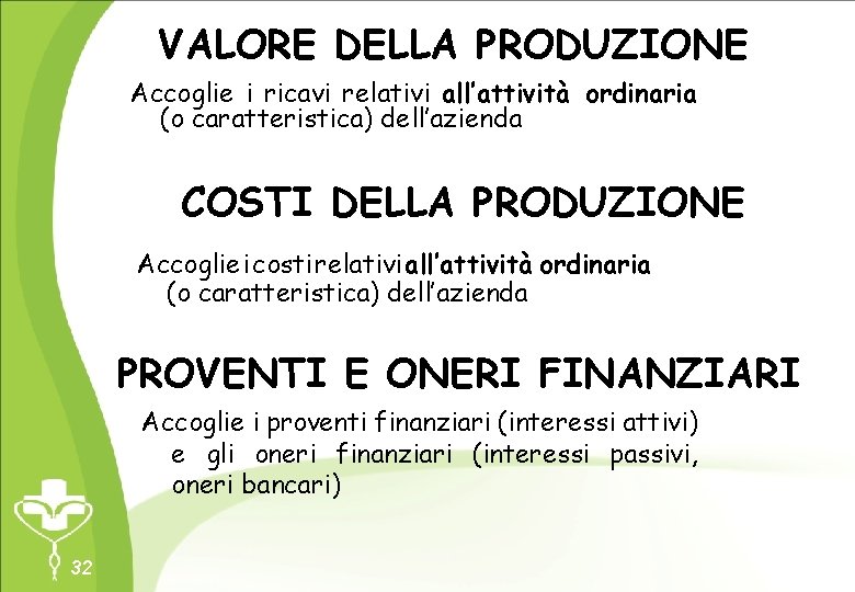 VALORE DELLA PRODUZIONE Accoglie i ricavi relativi all’attività ordinaria (o caratteristica) dell’azienda COSTI DELLA