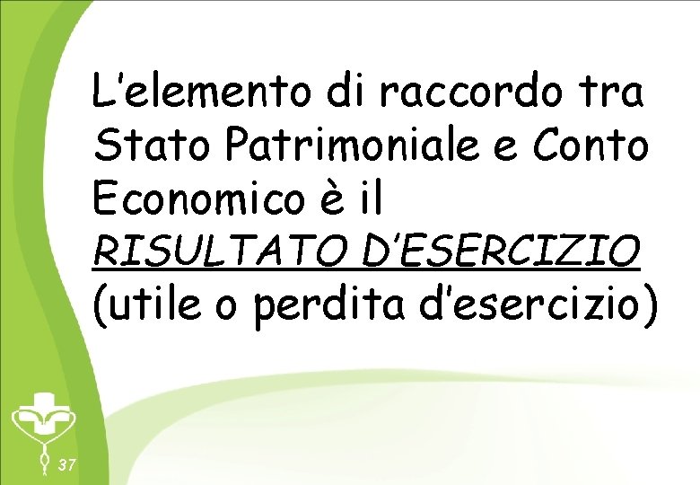 L’elemento di raccordo tra Stato Patrimoniale e Conto Economico è il RISULTATO D’ESERCIZIO (utile