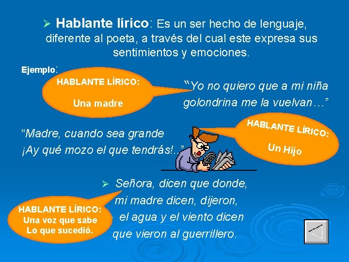 Ø Hablante lírico: Es un ser hecho de lenguaje, diferente al poeta, a través Ø Hablante lírico: Es un ser hecho de lenguaje, diferente al poeta, a través