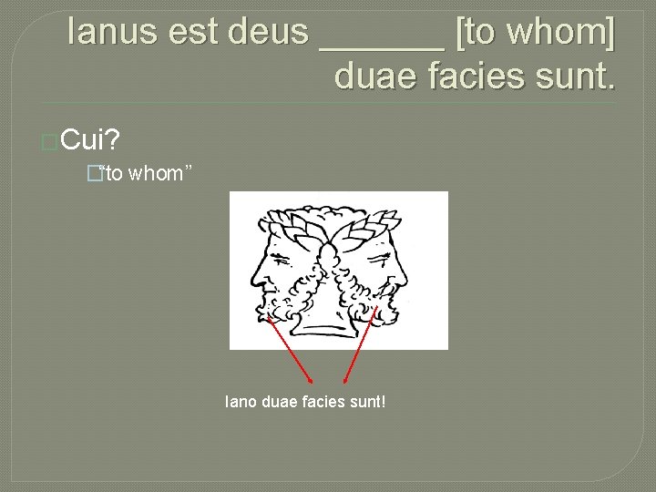 Ianus est deus ______ [to whom] duae facies sunt. �Cui? �“to whom” Iano duae