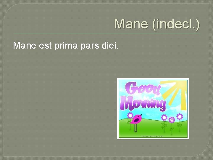 Mane (indecl. ) Mane est prima pars diei. 