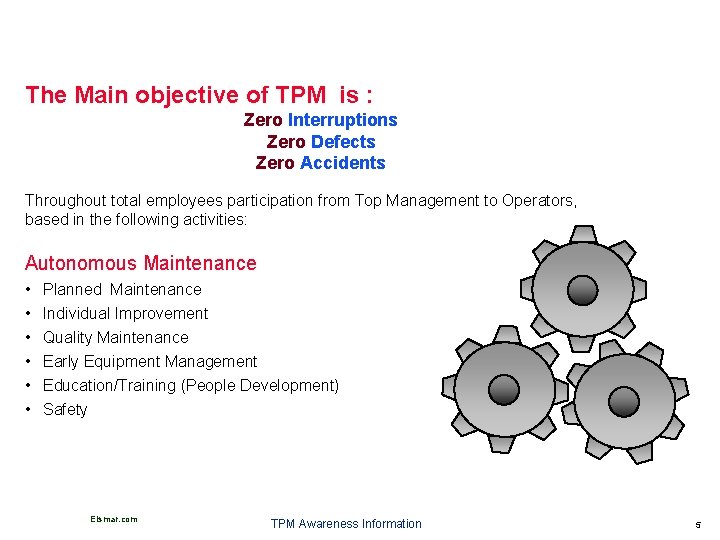The Main objective of TPM is : Zero Interruptions Zero Defects Zero Accidents Throughout