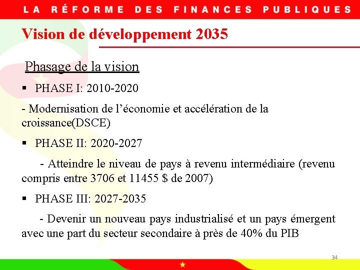 Vision de développement 2035 Phasage de la vision § PHASE I: 2010 -2020 -