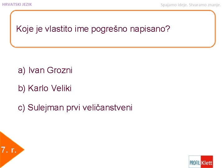 Koje je vlastito ime pogrešno napisano? a) Ivan Grozni b) Karlo Veliki c) Sulejman