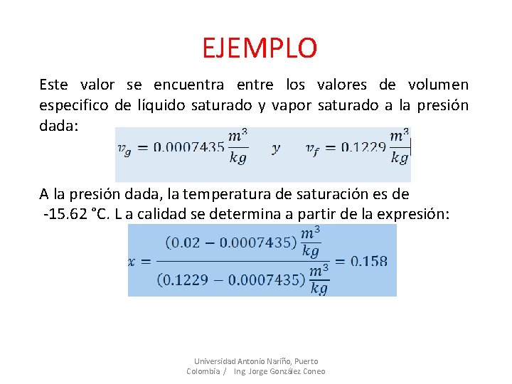 EJEMPLO Este valor se encuentra entre los valores de volumen especifico de líquido saturado