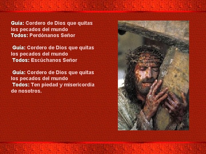 Guía: Cordero de Dios que quitas los pecados del mundo Todos: Perdónanos Señor Guía: