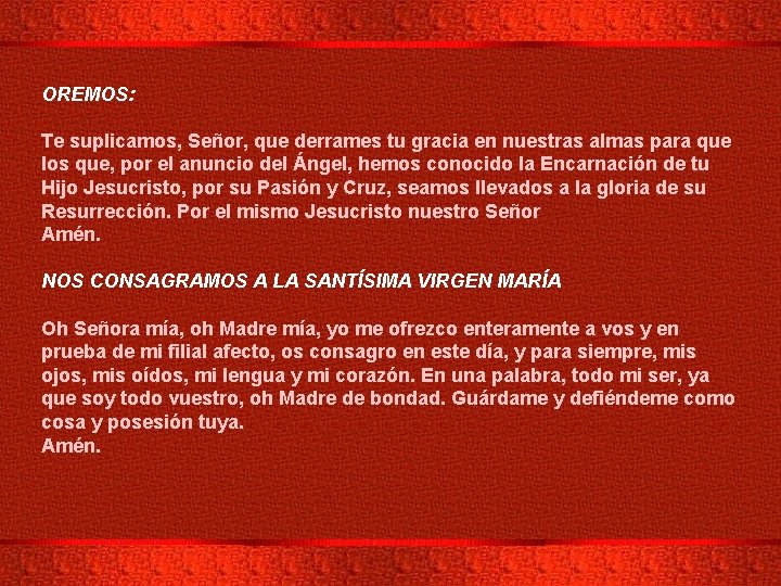 OREMOS: Te suplicamos, Señor, que derrames tu gracia en nuestras almas para que los