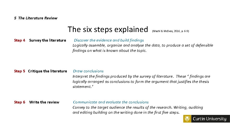 5 The Literature Review The six steps explained (Machi & Mc. Evoy, 2016, p.