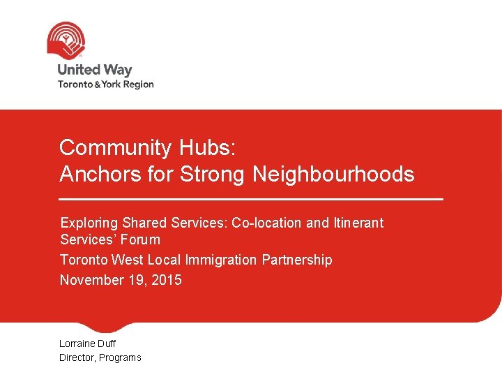 Community Hubs: Anchors for Strong Neighbourhoods Exploring Shared Services: Co-location and Itinerant Services’ Forum