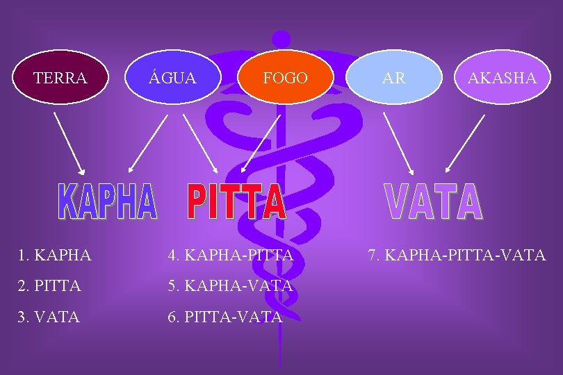 TERRA ÁGUA FOGO 1. KAPHA 4. KAPHA-PITTA 2. PITTA 5. KAPHA-VATA 3. VATA 6.