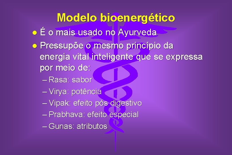 Modelo bioenergético É o mais usado no Ayurveda l Pressupõe o mesmo princípio da