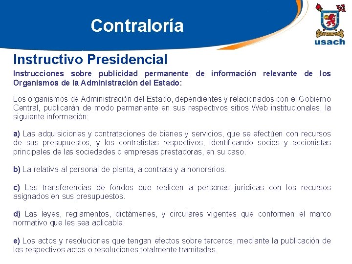Contraloría Instructivo Presidencial Instrucciones sobre publicidad permanente de información relevante de los Organismos de
