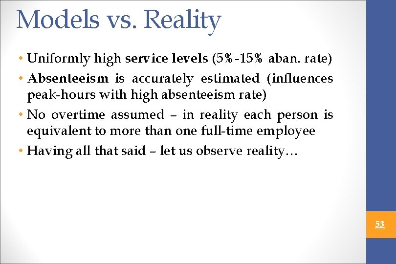 Models vs. Reality • Uniformly high service levels (5%-15% aban. rate) • Absenteeism is