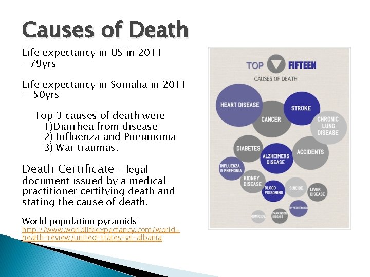 Causes of Death Life expectancy in US in 2011 =79 yrs Life expectancy in