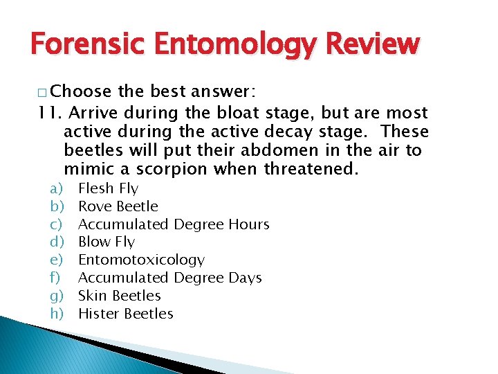Forensic Entomology Review � Choose the best answer: 11. Arrive during the bloat stage,