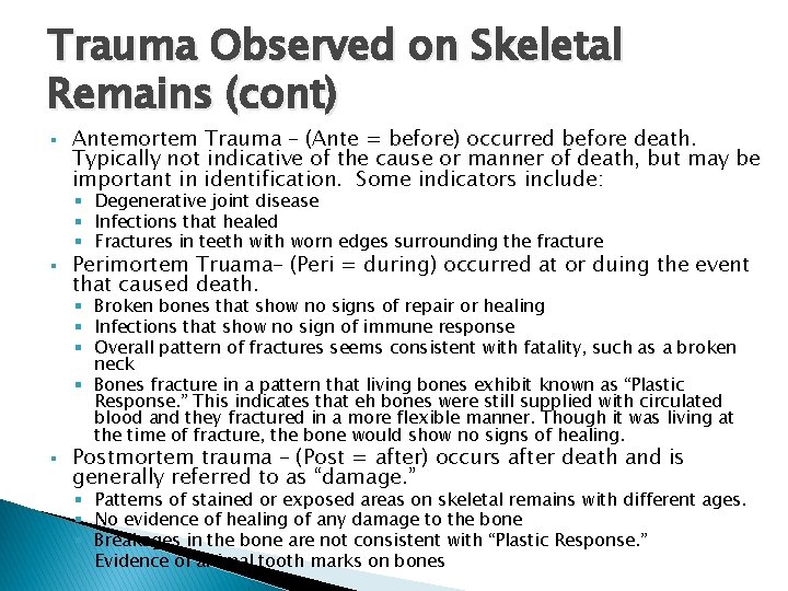 Trauma Observed on Skeletal Remains (cont) § Antemortem Trauma – (Ante = before) occurred