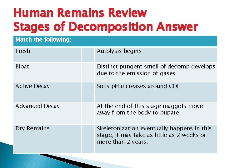 Human Remains Review Stages of Decomposition Answer Match the following: Fresh Autolysis begins Bloat