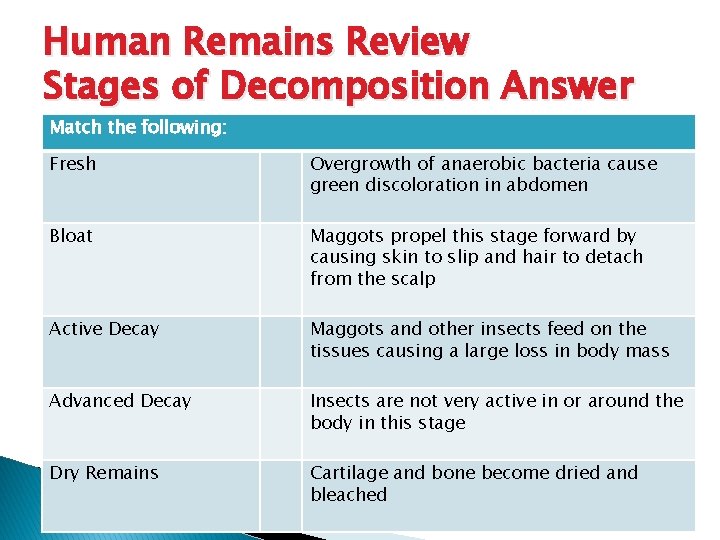 Human Remains Review Stages of Decomposition Answer Match the following: Fresh Overgrowth of anaerobic