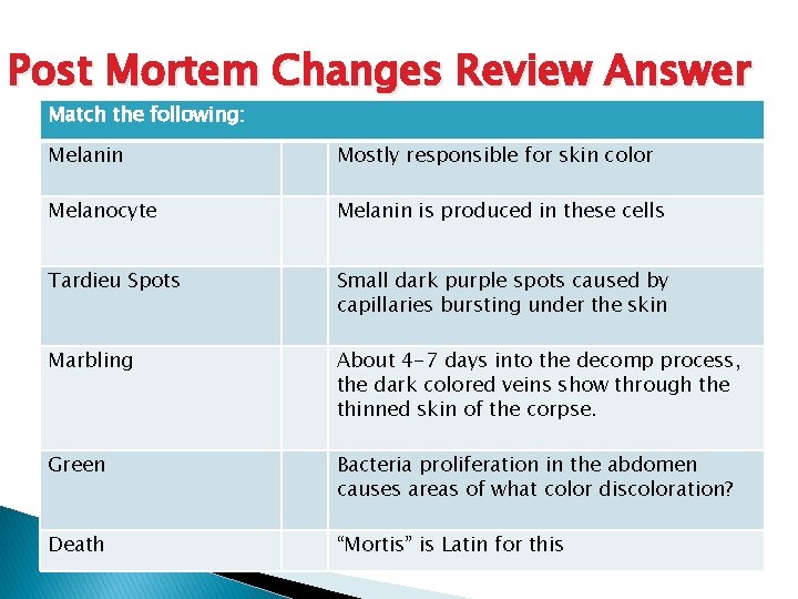 Post Mortem Changes Review Answer Match the following: Melanin Mostly responsible for skin color