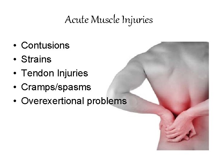 Acute Muscle Injuries • • • Contusions Strains Tendon Injuries Cramps/spasms Overexertional problems 
