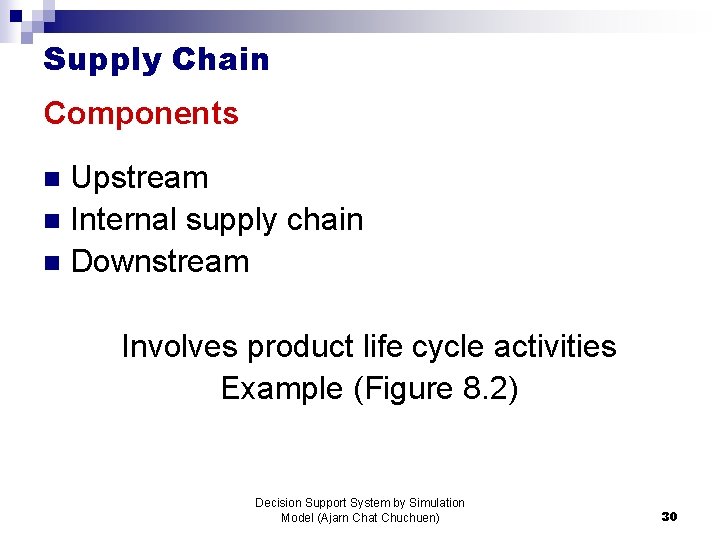 Supply Chain Components Upstream n Internal supply chain n Downstream n Involves product life