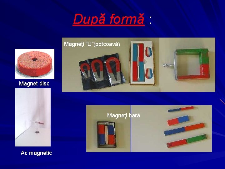 După formă : Magneţi “U”(potcoavă) Magnet disc Magneţi bară Ac magnetic 