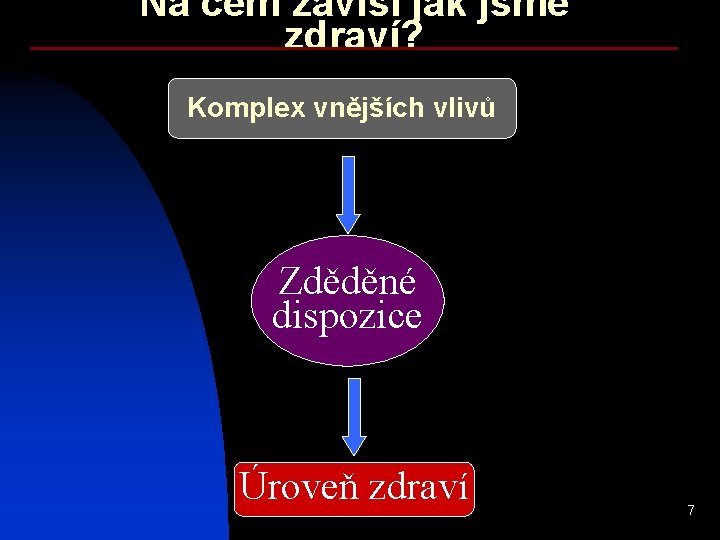 Na čem závisí jak jsme zdraví? Komplex vnějších vlivů Zděděné dispozice Úroveň zdraví 7