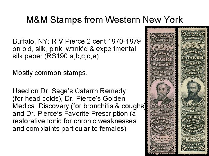 M&M Stamps from Western New York Buffalo, NY: R V Pierce 2 cent 1870 M&M Stamps from Western New York Buffalo, NY: R V Pierce 2 cent 1870