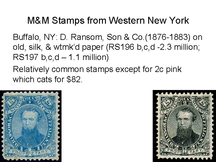 M&M Stamps from Western New York Buffalo, NY: D. Ransom, Son & Co. (1876 M&M Stamps from Western New York Buffalo, NY: D. Ransom, Son & Co. (1876