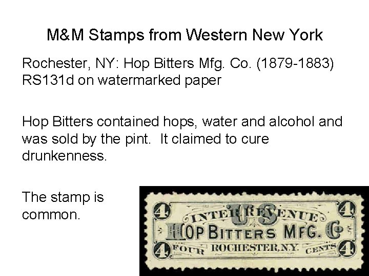 M&M Stamps from Western New York Rochester, NY: Hop Bitters Mfg. Co. (1879 -1883) M&M Stamps from Western New York Rochester, NY: Hop Bitters Mfg. Co. (1879 -1883)