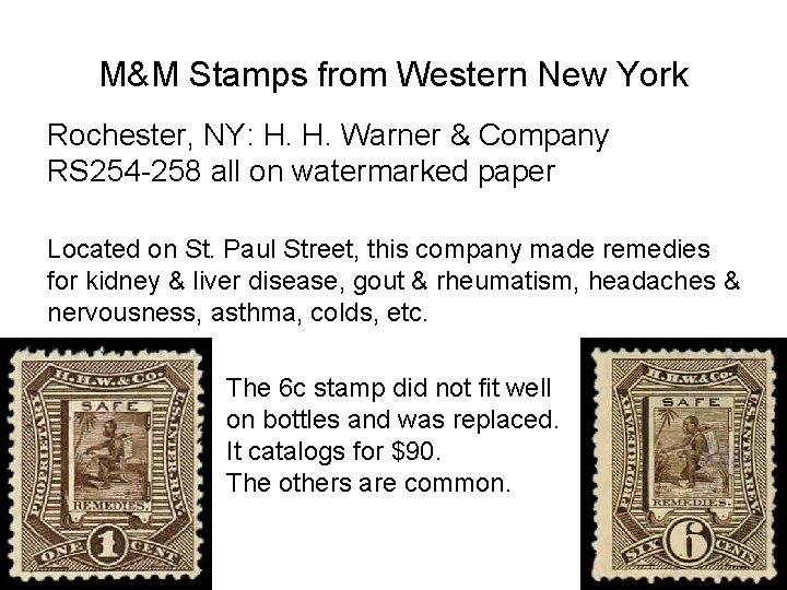 M&M Stamps from Western New York Rochester, NY: H. H. Warner & Company RS M&M Stamps from Western New York Rochester, NY: H. H. Warner & Company RS