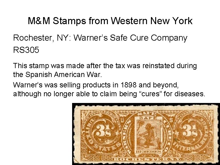 M&M Stamps from Western New York Rochester, NY: Warner’s Safe Cure Company RS 305 M&M Stamps from Western New York Rochester, NY: Warner’s Safe Cure Company RS 305