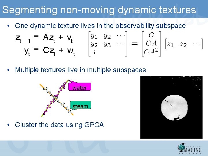 Segmenting non-moving dynamic textures • One dynamic texture lives in the observability subspace zt