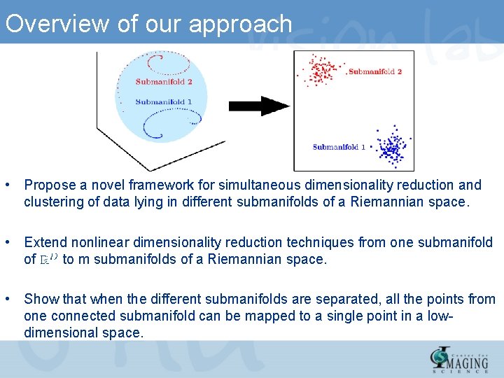 Overview of our approach • Propose a novel framework for simultaneous dimensionality reduction and