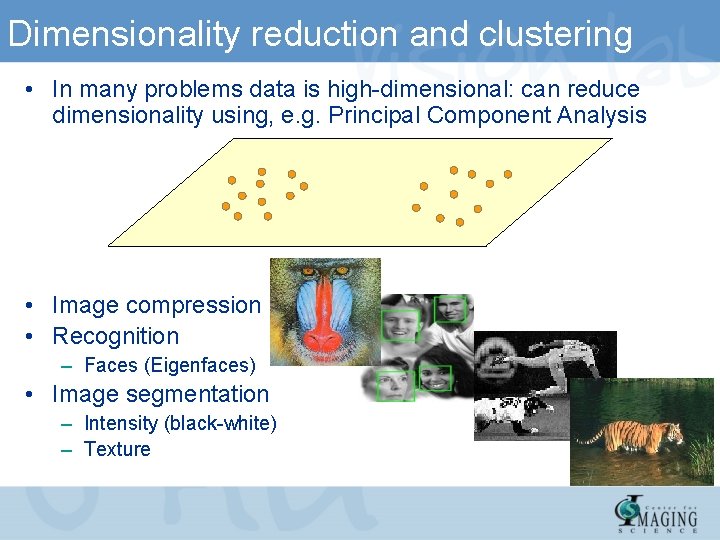 Dimensionality reduction and clustering • In many problems data is high-dimensional: can reduce dimensionality