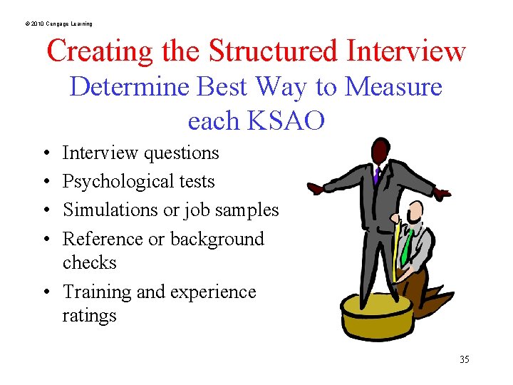 © 2010 Cengage Learning Creating the Structured Interview Determine Best Way to Measure each