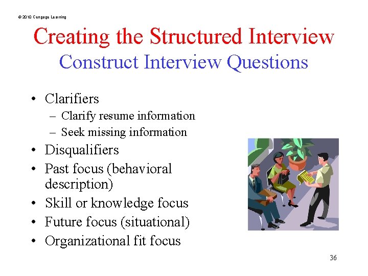 © 2010 Cengage Learning Creating the Structured Interview Construct Interview Questions • Clarifiers –