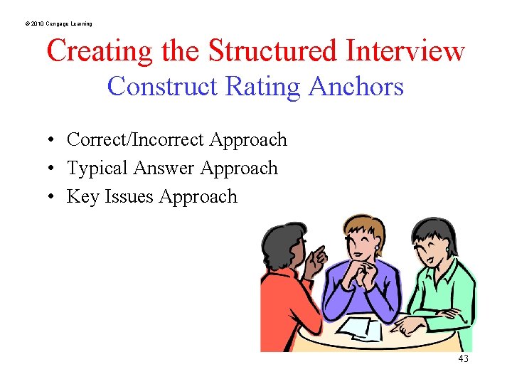 © 2010 Cengage Learning Creating the Structured Interview Construct Rating Anchors • Correct/Incorrect Approach