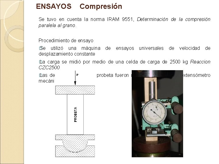 ENSAYOS Compresión Se tuvo en cuenta la norma IRAM 9551, Determinación de la compresión