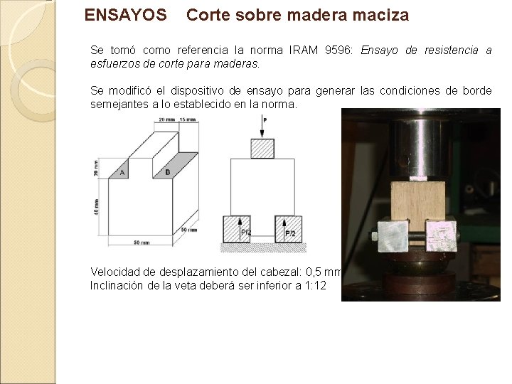 ENSAYOS Corte sobre madera maciza Se tomó como referencia la norma IRAM 9596: Ensayo