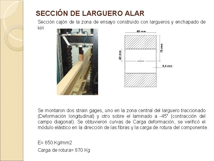 SECCIÓN DE LARGUERO ALAR Sección cajón de la zona de ensayo construido con largueros