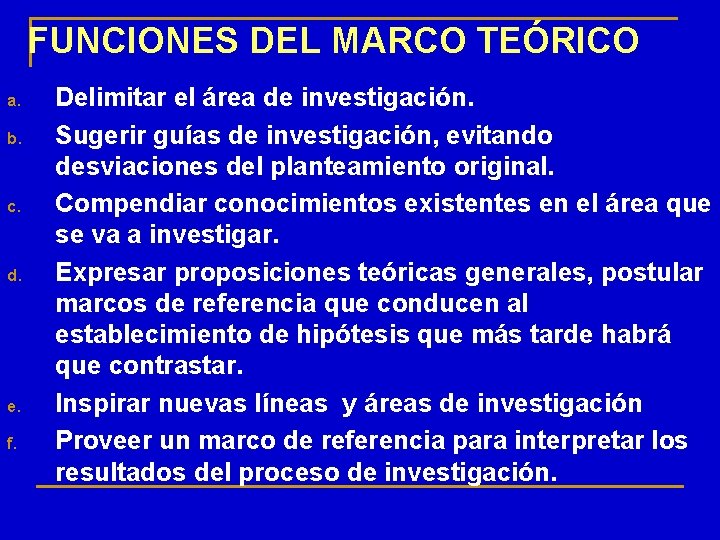 FUNCIONES DEL MARCO TEÓRICO a. b. c. d. e. f. Delimitar el área de