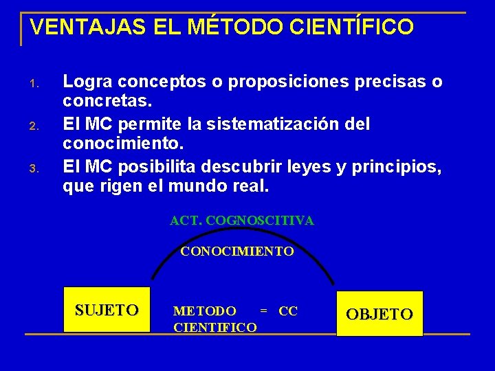 VENTAJAS EL MÉTODO CIENTÍFICO 1. 2. 3. Logra conceptos o proposiciones precisas o concretas.
