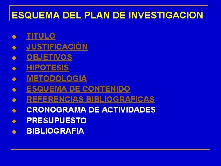 ESQUEMA DEL PLAN DE INVESTIGACION u u u u u TITULO JUSTIFICACIÓN OBJETIVOS HIPOTESIS