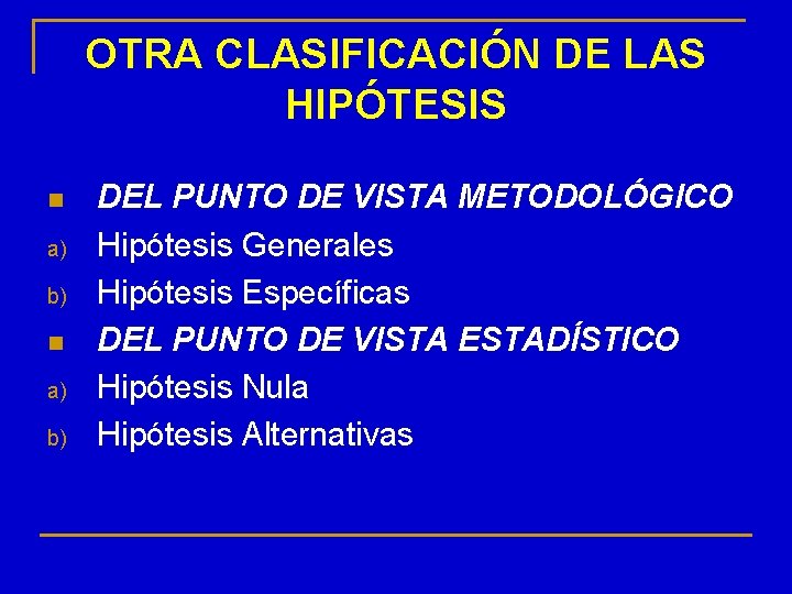 OTRA CLASIFICACIÓN DE LAS HIPÓTESIS n a) b) DEL PUNTO DE VISTA METODOLÓGICO Hipótesis