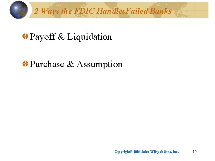 2 Ways the FDIC Handles. Failed Banks Payoff & Liquidation Purchase & Assumption Copyright©