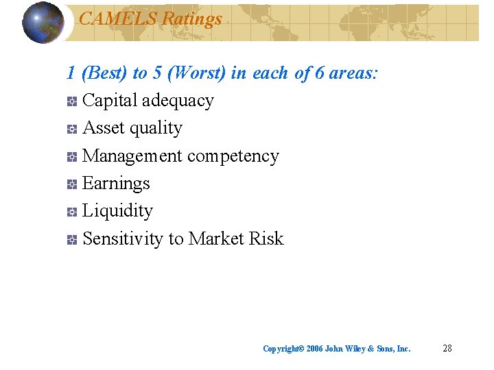 CAMELS Ratings 1 (Best) to 5 (Worst) in each of 6 areas: Capital adequacy