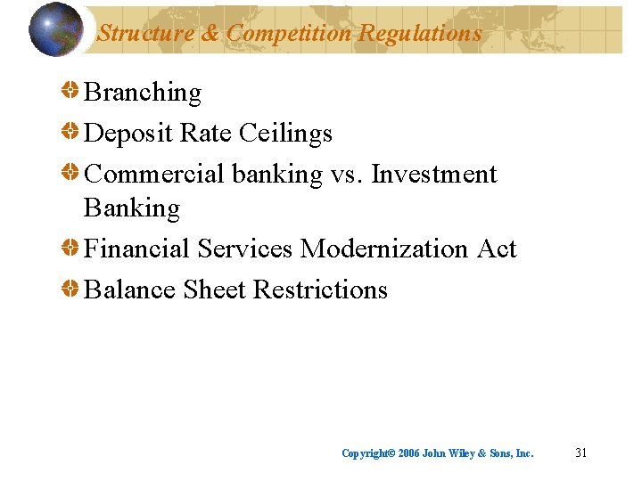 Structure & Competition Regulations Branching Deposit Rate Ceilings Commercial banking vs. Investment Banking Financial