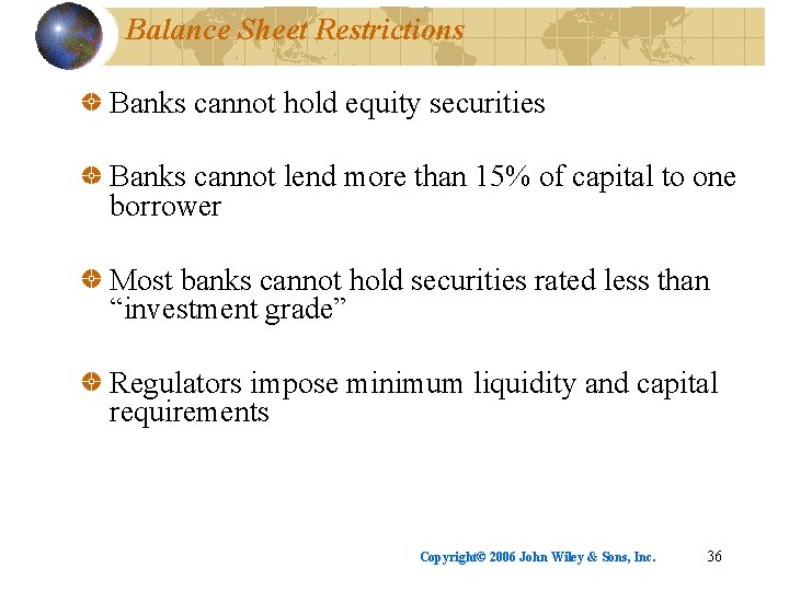 Balance Sheet Restrictions Banks cannot hold equity securities Banks cannot lend more than 15%